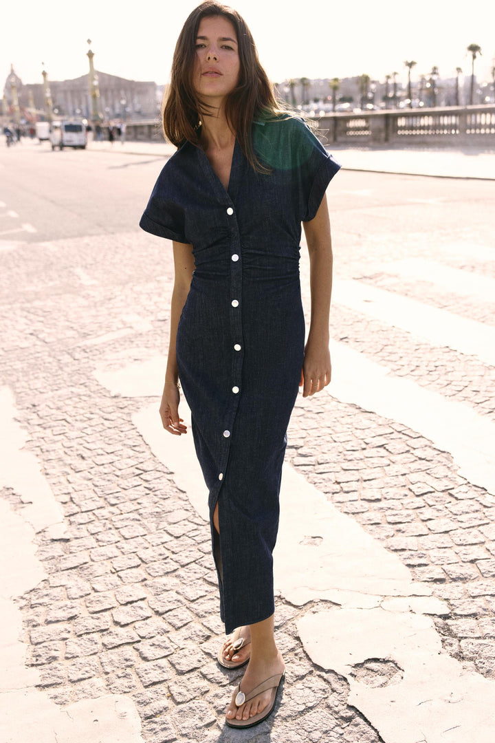 Victoria | Dark Blue Denim Dress - Midi