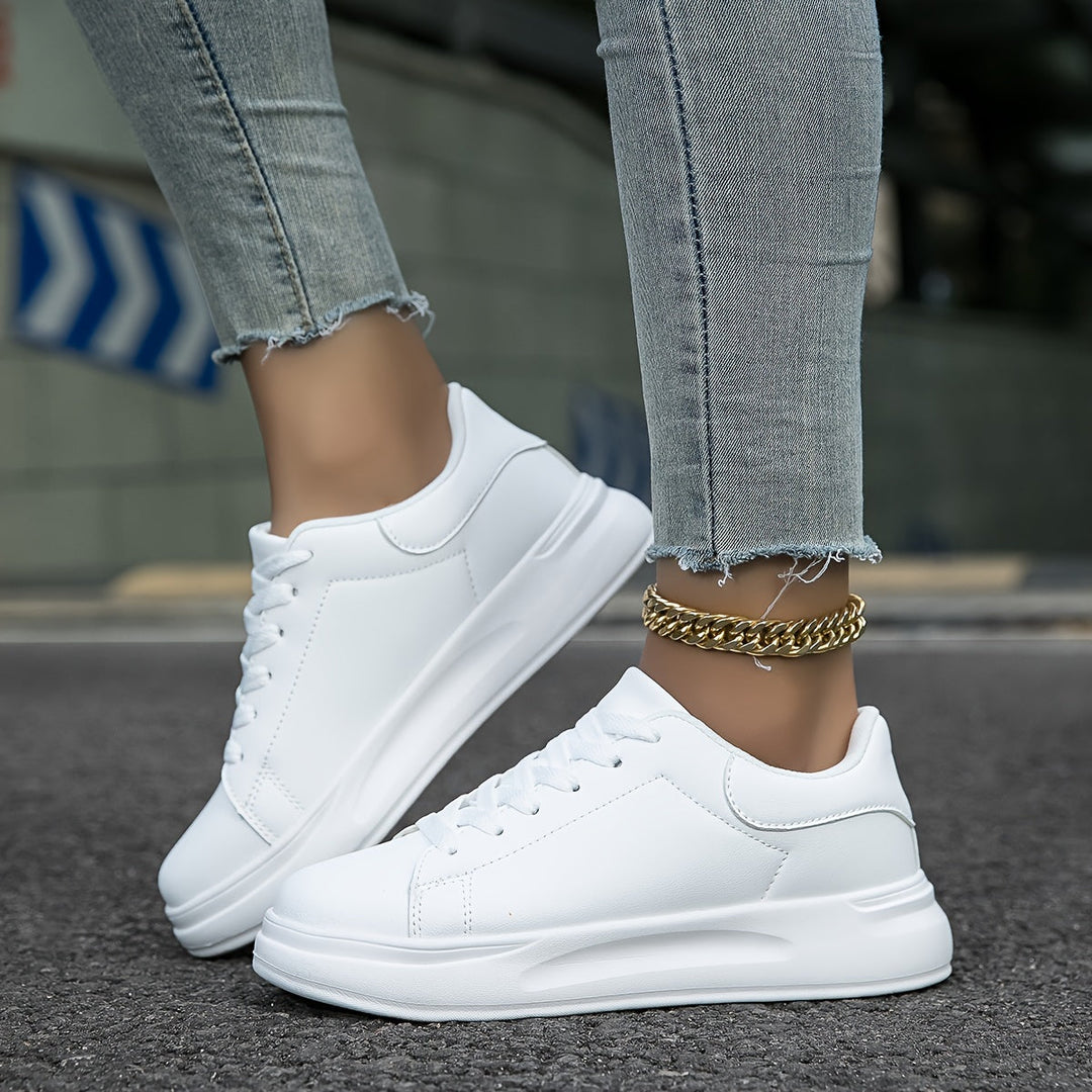White Comfortable Women's Sneakers with Thick Sole