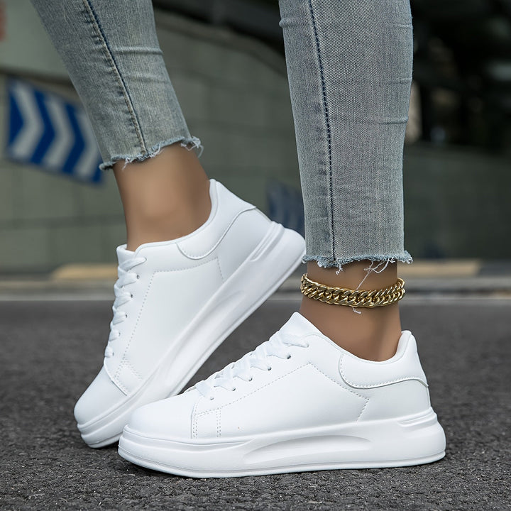 White Comfortable Women's Sneakers with Thick Sole