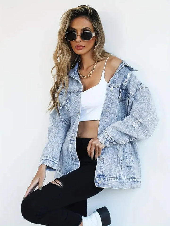 Oversized Women's Denim Jacket with Edgy Look and Snap Button Closure