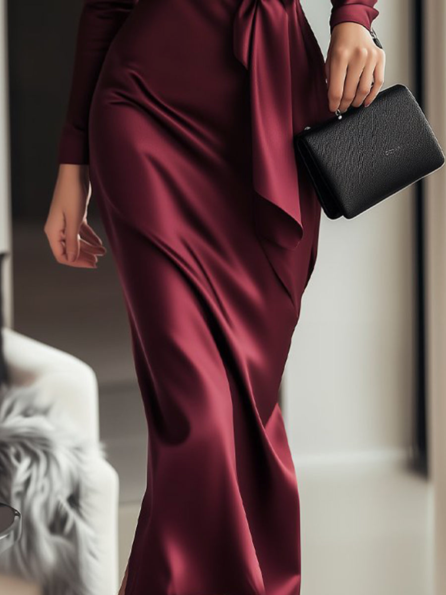 Luxury Satin Bordeaux Gala Midi Dress with Wrap and Belt