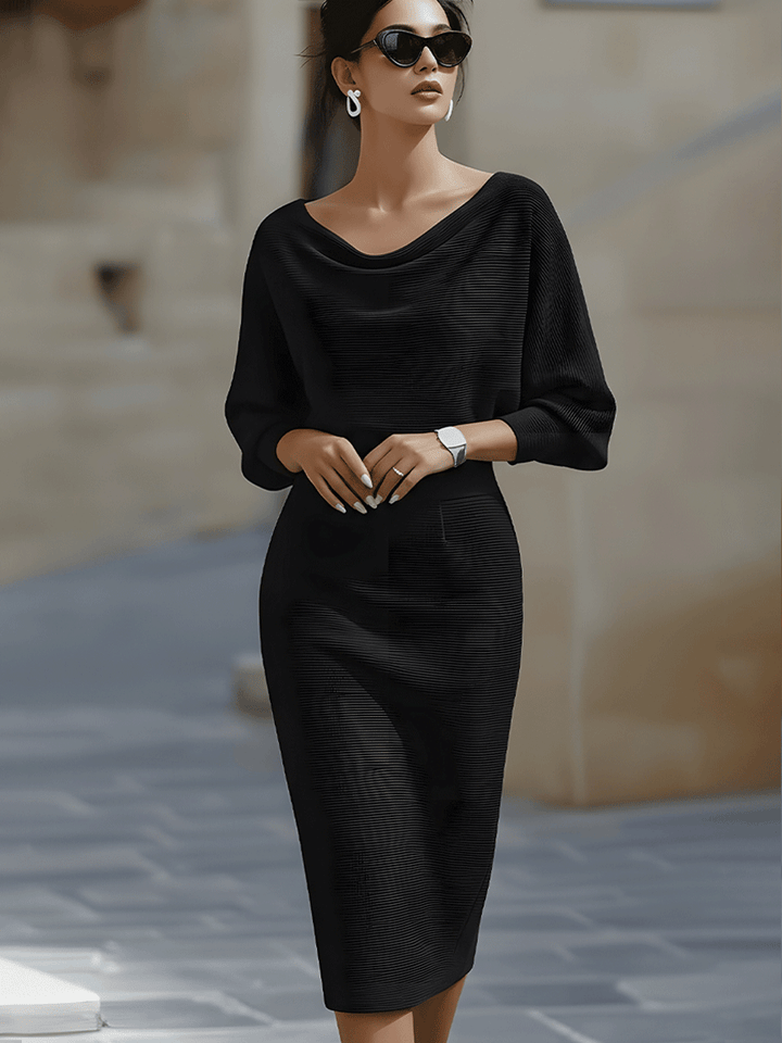 Chic Women's Bodycon Midi Dress with Long Sleeves and Boat Neck