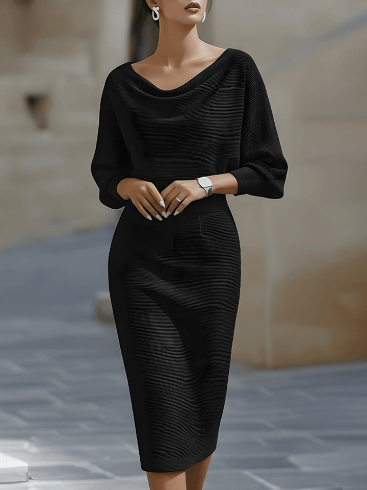 Chic Women's Bodycon Midi Dress with Long Sleeves and Boat Neck