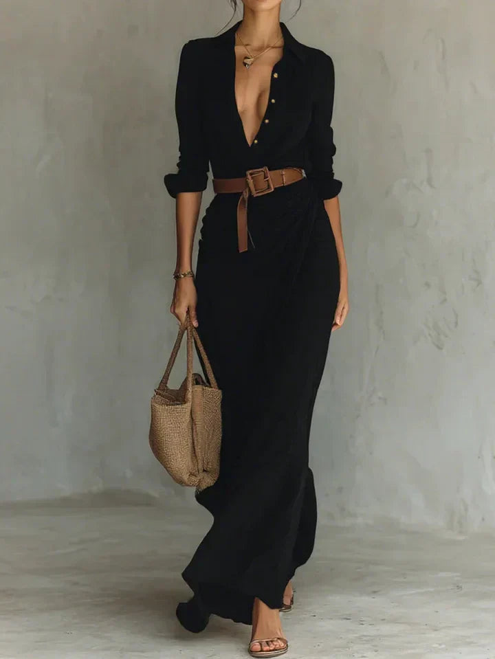 Light Women's Maxi Dress with Collar and Waist Belt