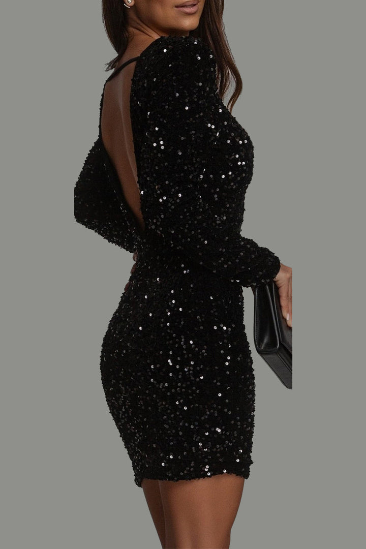 Sequin Bodycon Mini Dress with Long Sleeves and Low Back