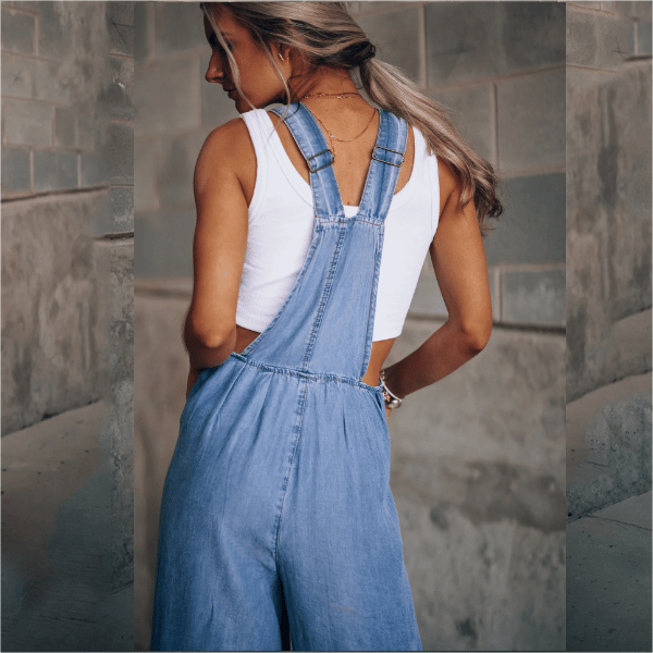 Casual Women's Denim Jumpsuit with Wide Legs and Straps
