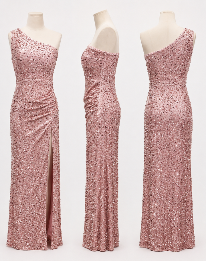 Glittering Women's Gala Maxi Dress with One Shoulder and High Slit