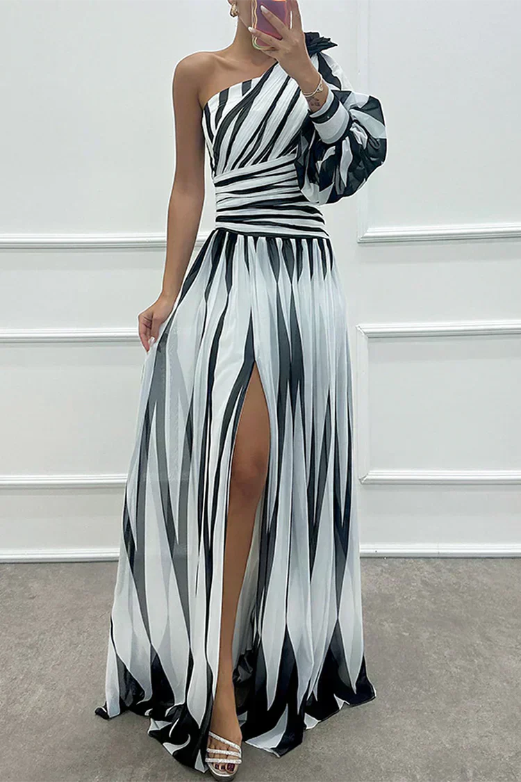 Airy Women's Striped Maxi Dress with One Shoulder and High Slit