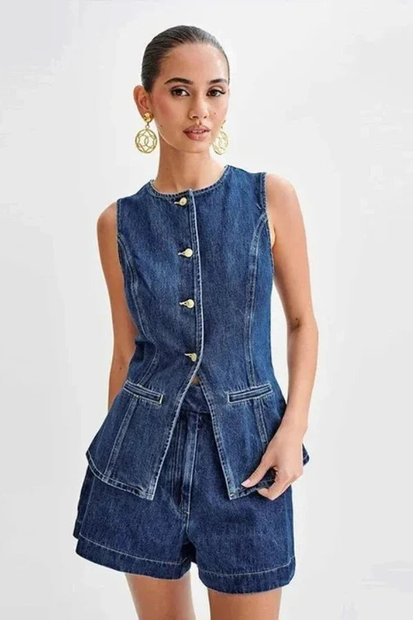 Stylish Denim Set for Women with Sleeveless Vest and Shorts