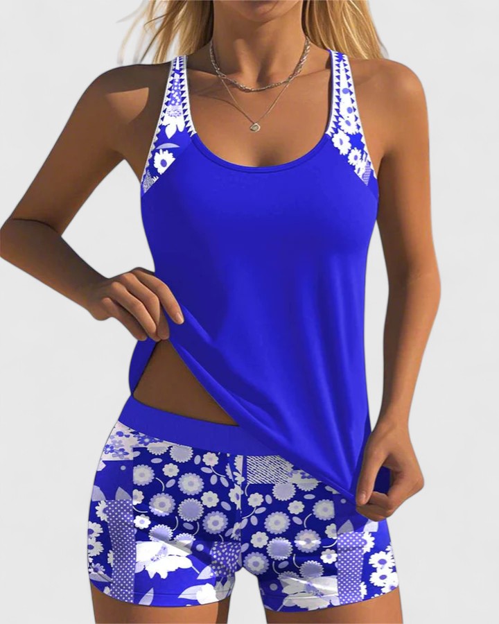 Women's Tankini Set with Sleeveless Top and Floral Print Shorts