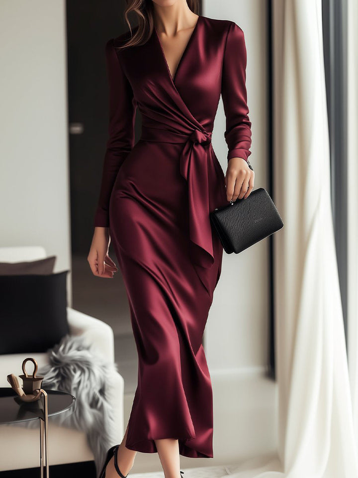 Luxury Satin Bordeaux Gala Midi Dress with Wrap and Belt