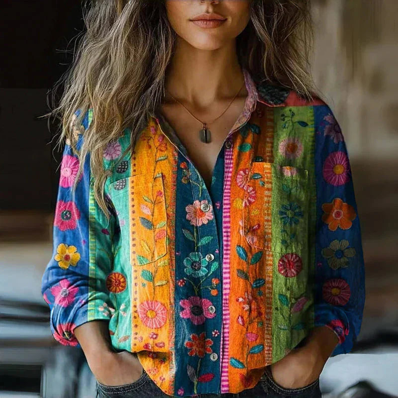 Airy Linen Blouse For Women With Print And Long Sleeves