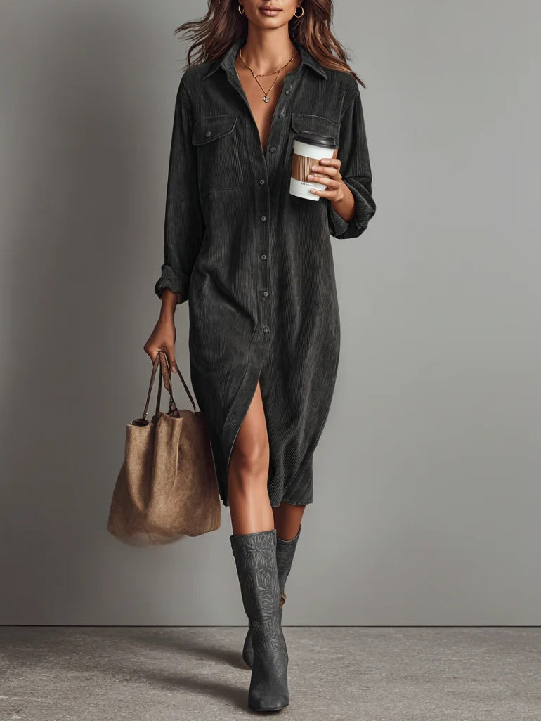 Stylish Women's Corduroy Shirt Dress with Button Closure and Pockets
