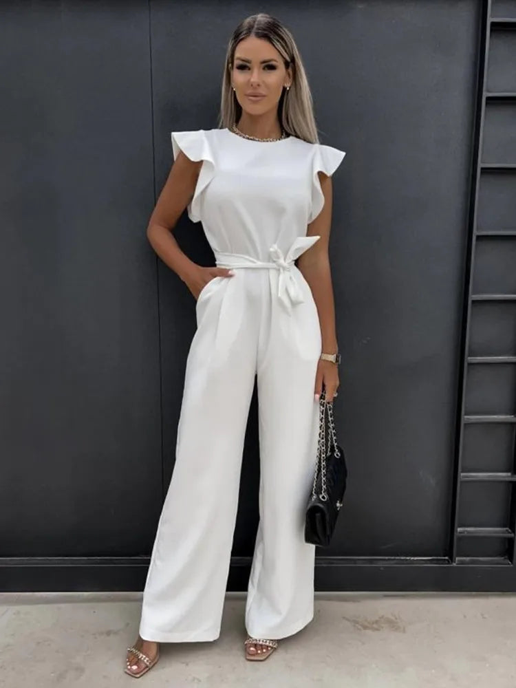 Summery Women's Jumpsuit with Wide Legs and Ruffle Sleeves