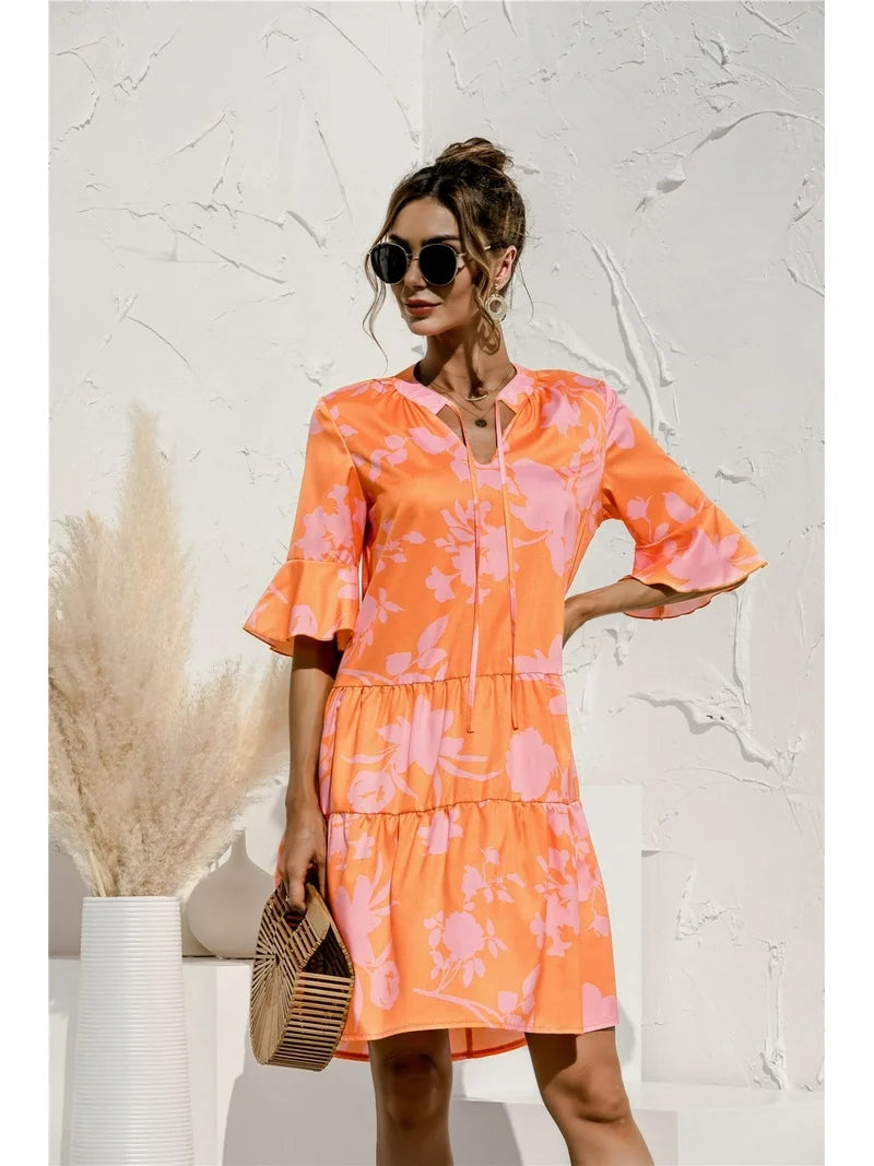 Summer Women's Party Mini Dress with Long Sleeves and Smocked Waist