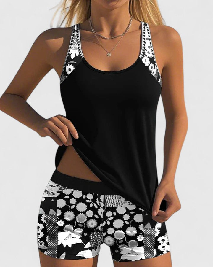 Women's Tankini Set with Sleeveless Top and Floral Print Shorts
