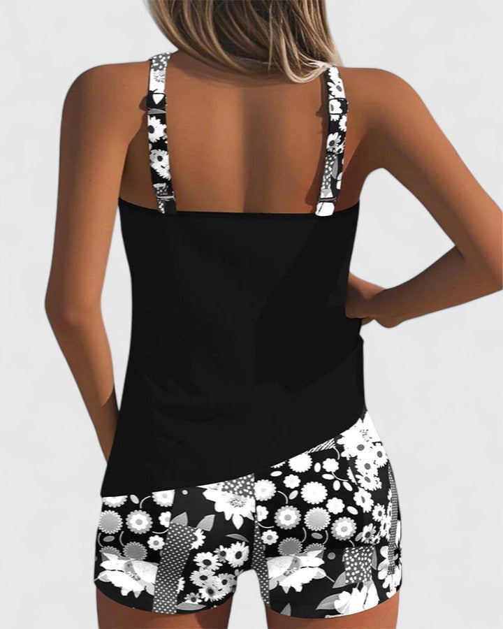 Women's Tankini Set with Sleeveless Top and Floral Print Shorts