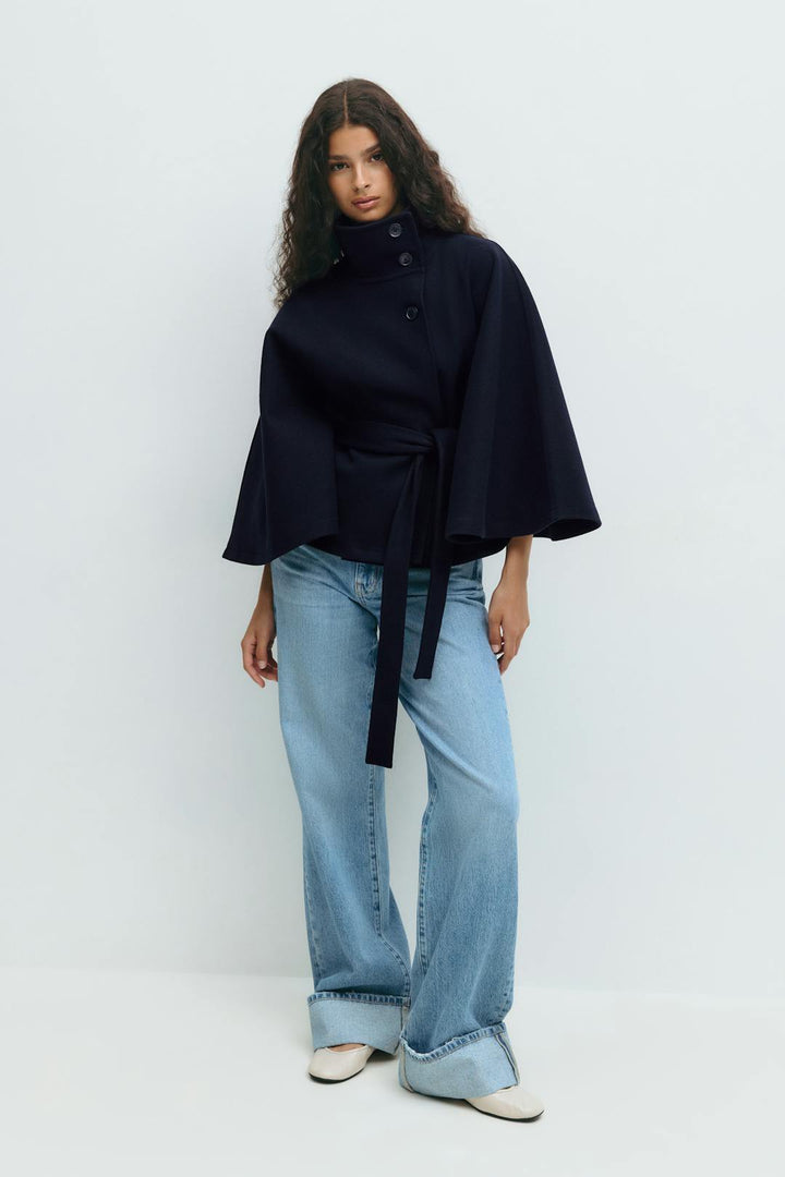 Elegant Chic Women's Coat with Belt and High Collar