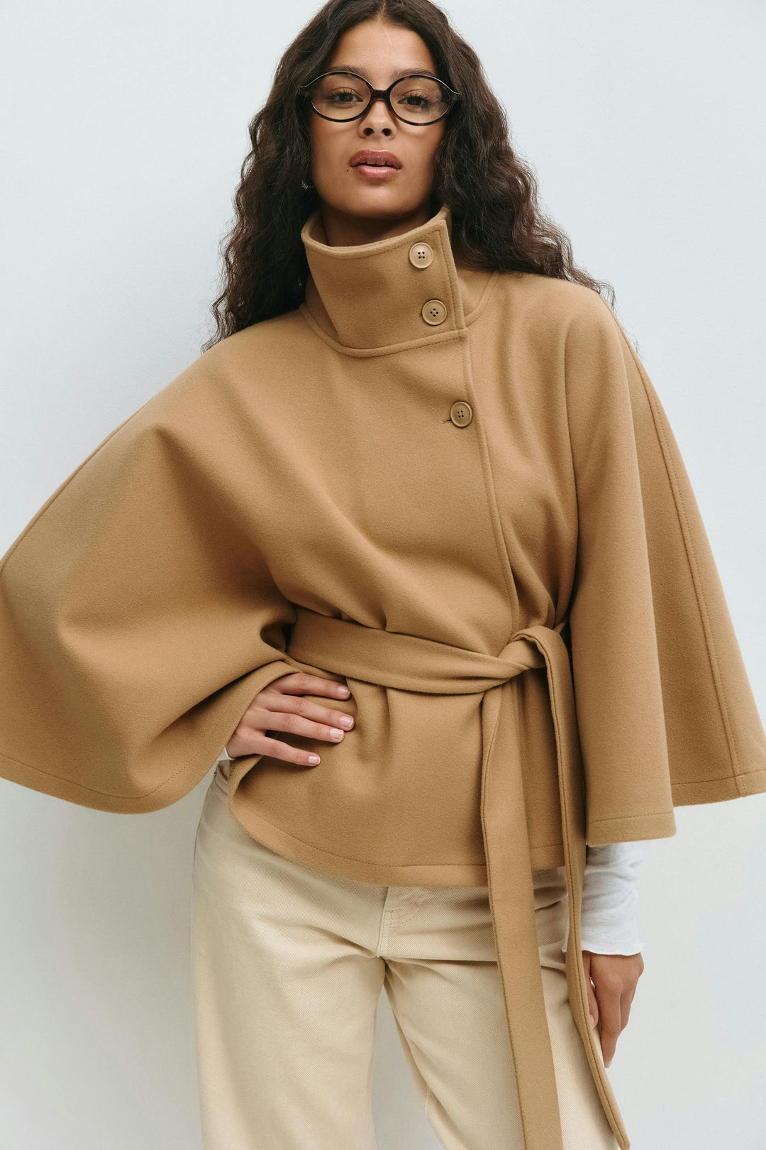 Elegant Chic Women's Coat with Belt and High Collar
