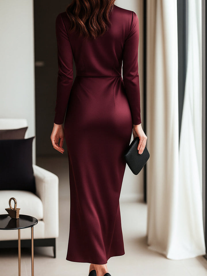Luxury Satin Bordeaux Gala Midi Dress with Wrap and Belt