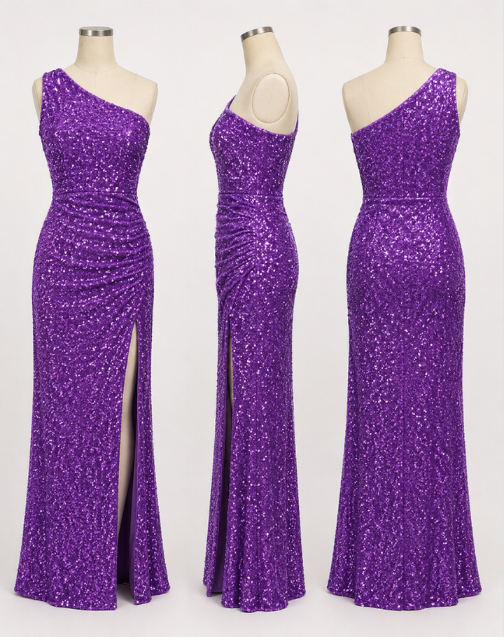 Glittering Women's Gala Maxi Dress with One Shoulder and High Slit