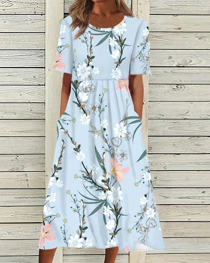 Light Floral Print Midi Summer Dress with Short Sleeves