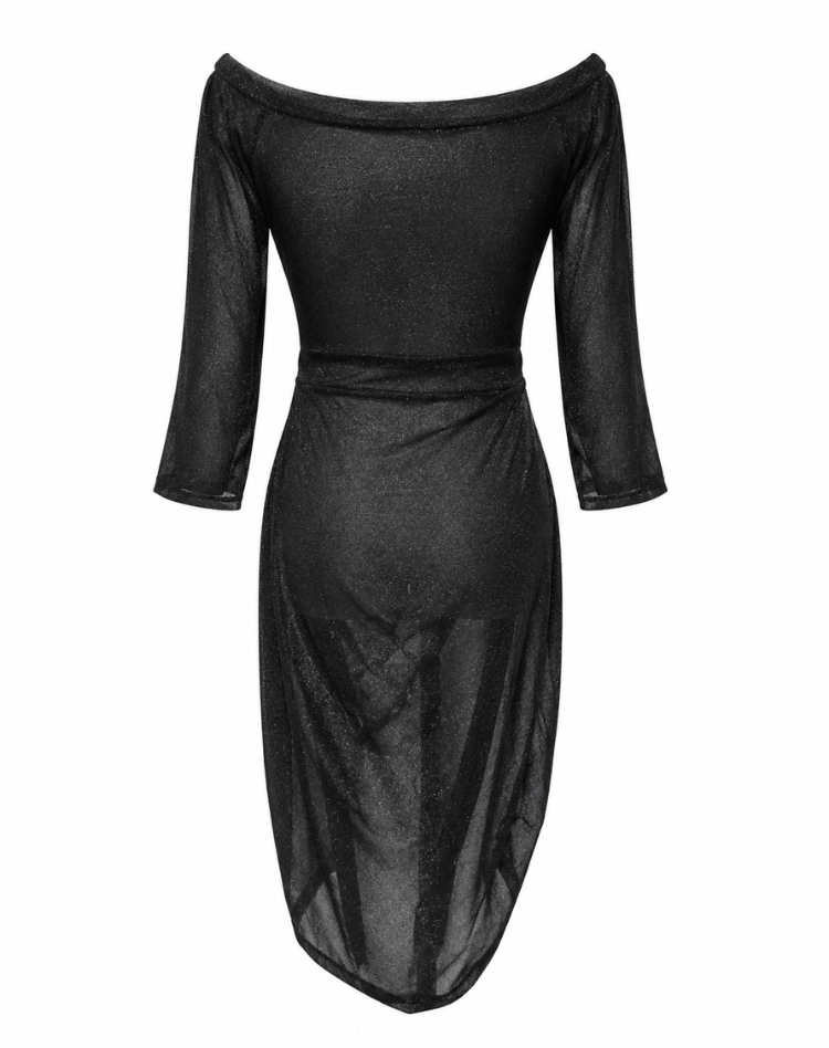Stylish Women's Midi Dress with Off Shoulder Neckline and High Slit