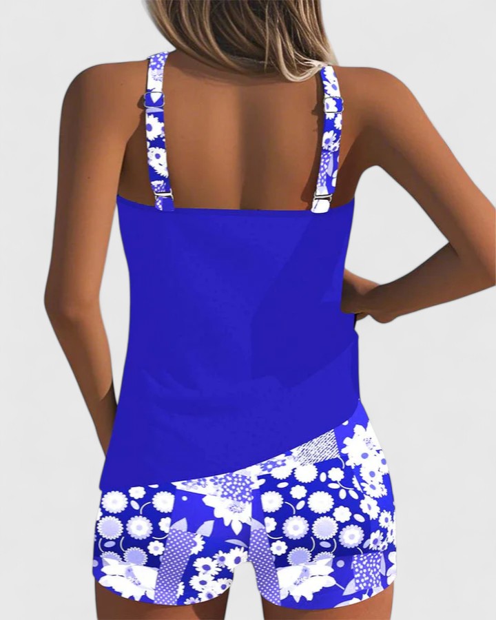 Women's Tankini Set with Sleeveless Top and Floral Print Shorts