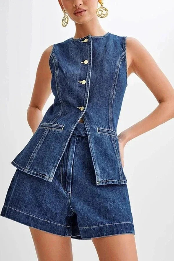 Stylish Denim Set for Women with Sleeveless Vest and Shorts