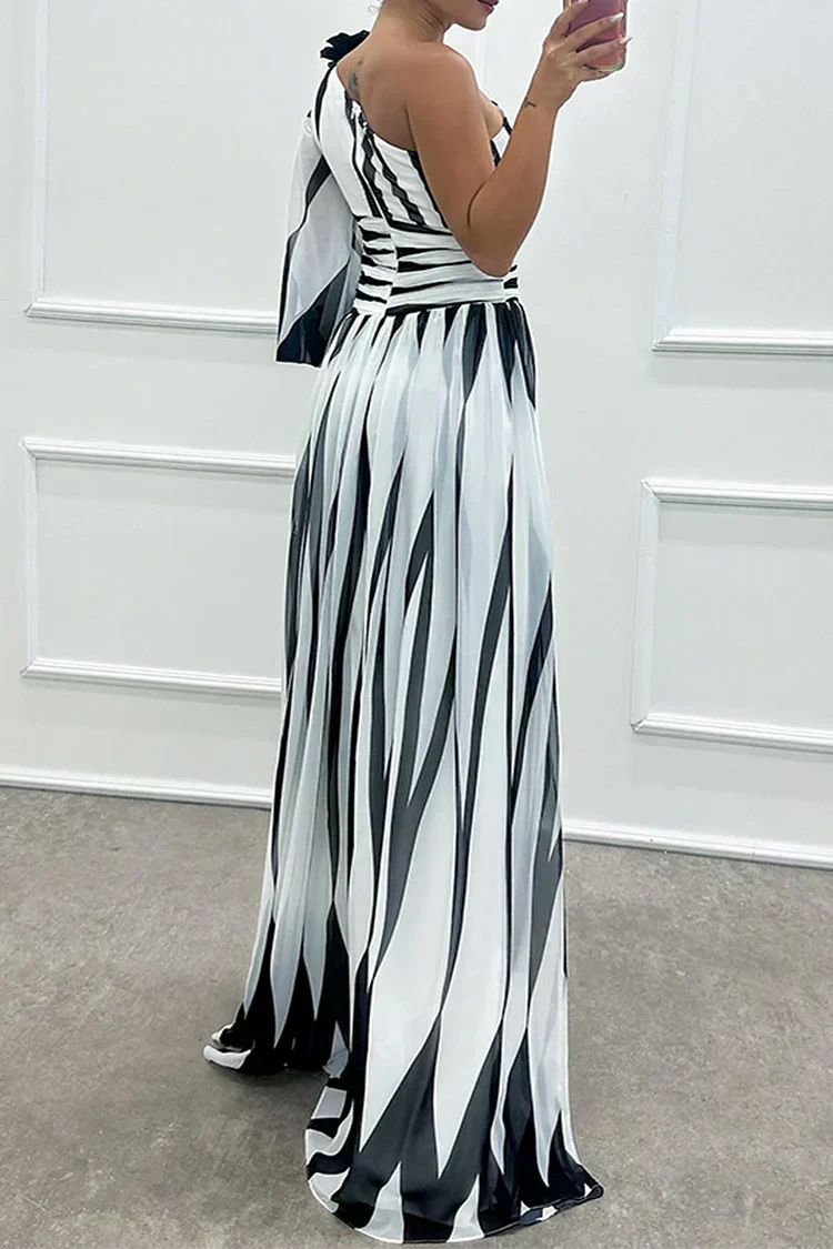 Airy Women's Striped Maxi Dress with One Shoulder and High Slit