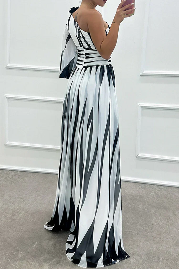 Airy Women's Striped Maxi Dress with One Shoulder and High Slit