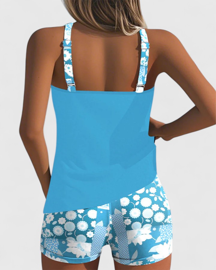 Women's Tankini Set with Sleeveless Top and Floral Print Shorts