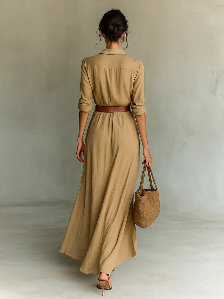 Light Women's Maxi Dress with Collar and Waist Belt