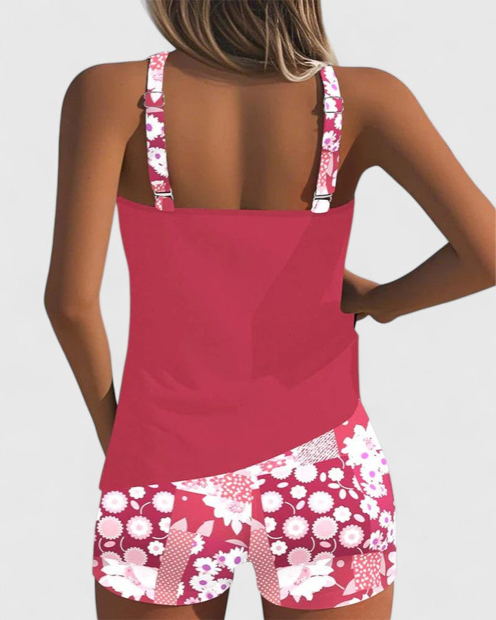 Women's Tankini Set with Sleeveless Top and Floral Print Shorts