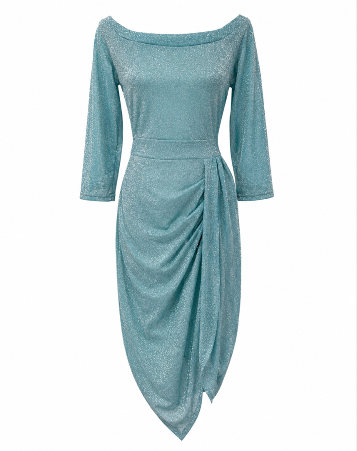 Stylish Women's Midi Dress with Off Shoulder Neckline and High Slit