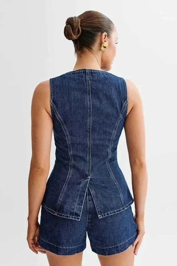 Stylish Denim Set for Women with Sleeveless Vest and Shorts