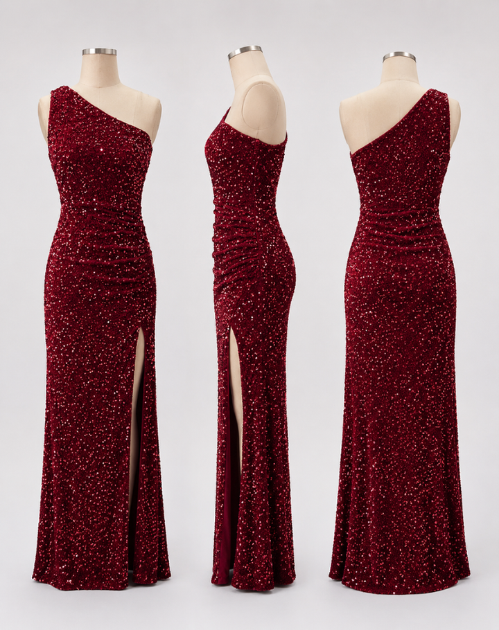 Glittering Women's Gala Maxi Dress with One Shoulder and High Slit