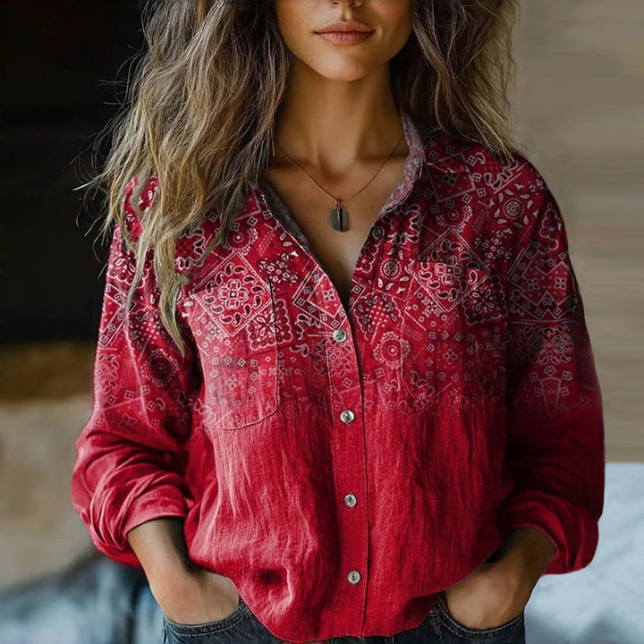 Airy Linen Blouse For Women With Print And Long Sleeves