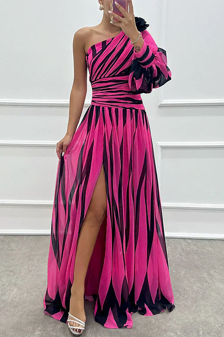 Airy Women's Striped Maxi Dress with One Shoulder and High Slit