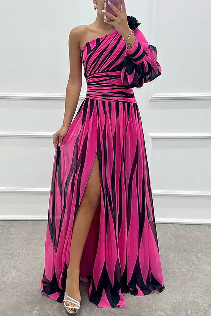 Airy Women's Striped Maxi Dress with One Shoulder and High Slit