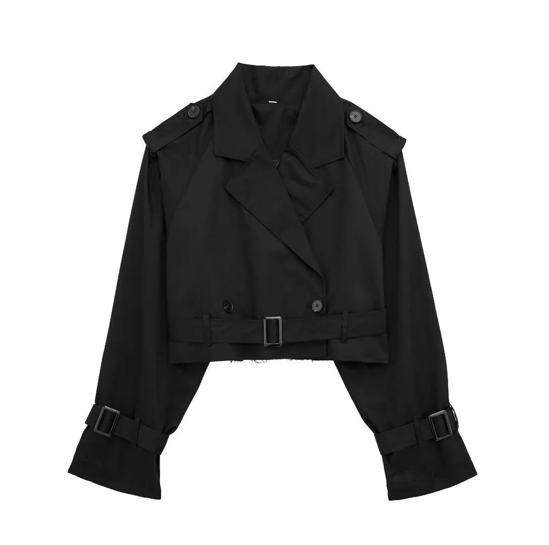 Stylish Women's Short Trench Coat with Belt and Classic Collar