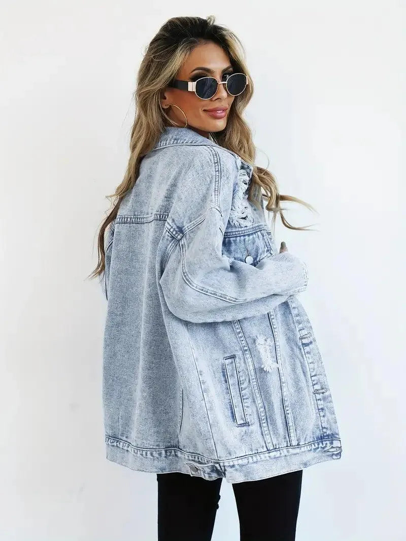 Oversized Women's Denim Jacket with Edgy Look and Snap Button Closure