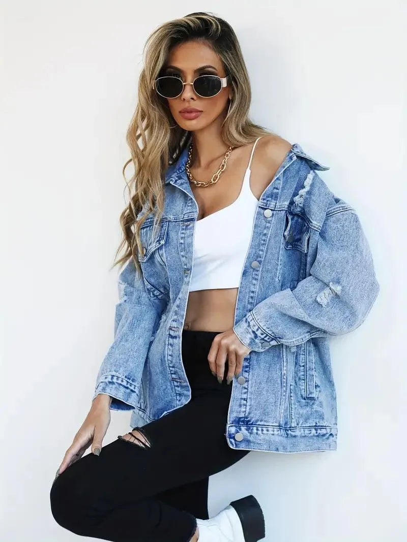 Oversized Women's Denim Jacket with Edgy Look and Snap Button Closure