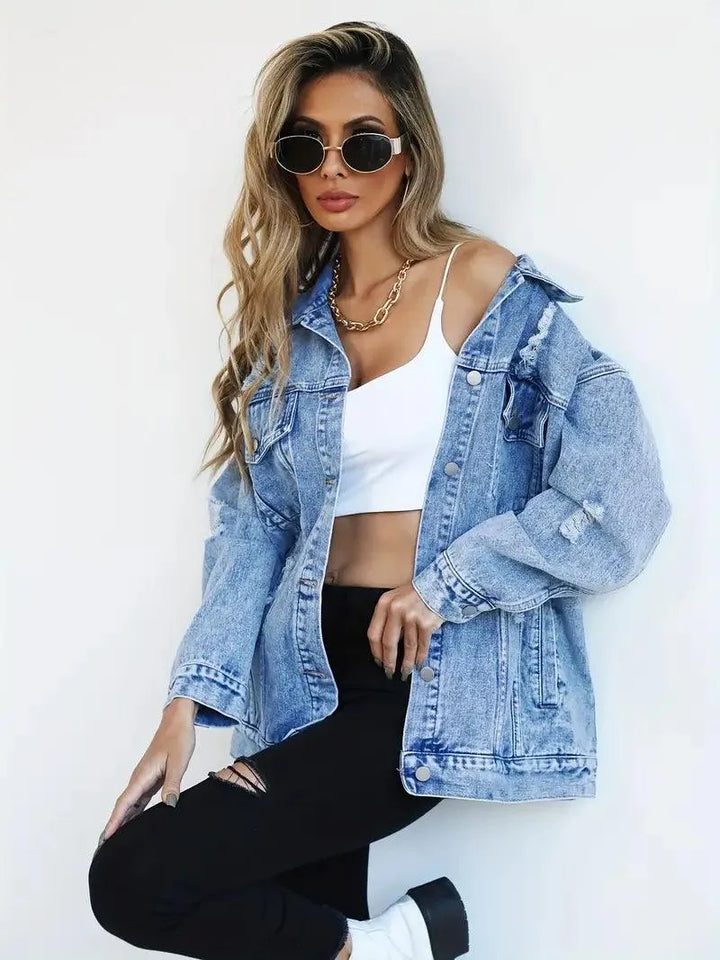 Oversized Women's Denim Jacket with Edgy Look and Snap Button Closure