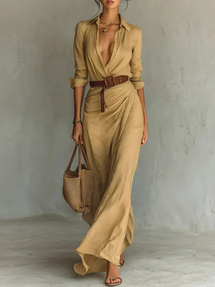 Light Women's Maxi Dress with Collar and Waist Belt