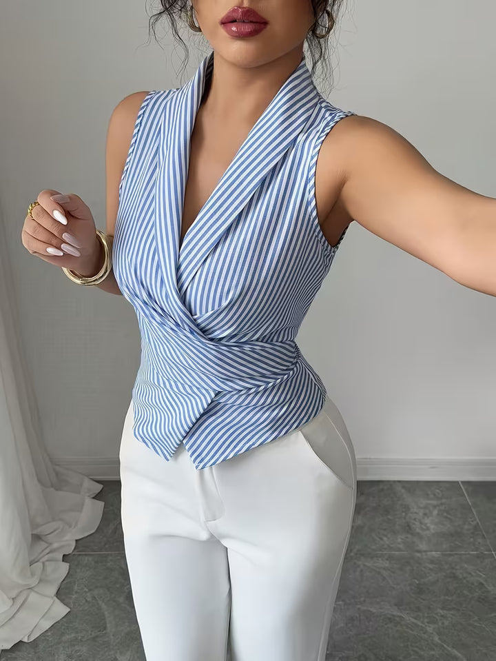 Striped Women's Blue Blouse with Sleeveless Design and Collar