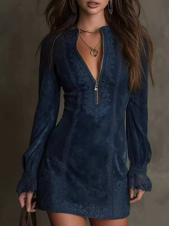 Elegant Suede Mini Dress for Women with Lace and Zipper