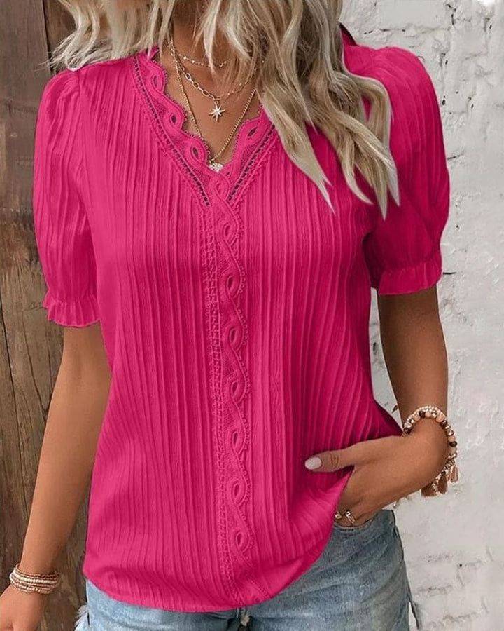 Trendy Women's Blouse With V Neck Lace Details And Short Sleeves