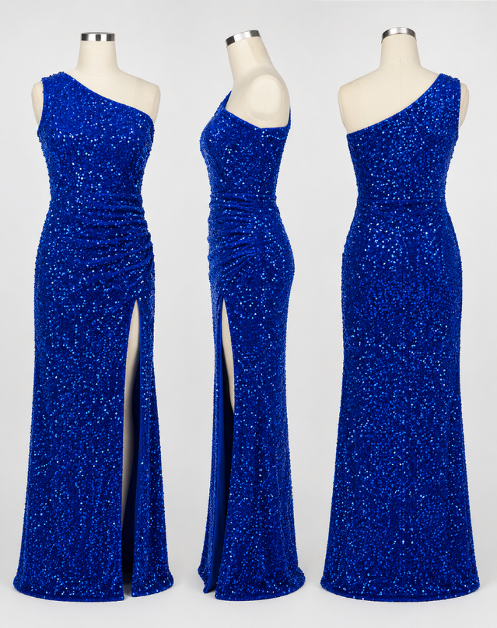 Glittering Women's Gala Maxi Dress with One Shoulder and High Slit