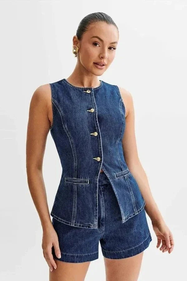 Stylish Denim Set for Women with Sleeveless Vest and Shorts